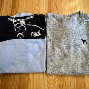 TWO- "Varsity"-style PINK by Victoria Secret Long Sleeve Tops- Size L